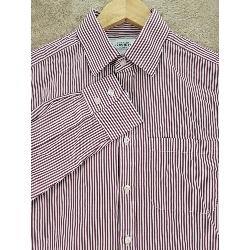 Charles Tyrwhitt Dress Shirt Slim Fit Burgundy and White Stripes Button-down
